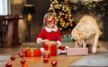 A little girl has prepared a gift for her golden retriever dog near the Christmas tree Royalty Free Stock Photo