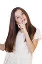 Little girl has put forefinger to lips as sign of silence Royalty Free Stock Photo