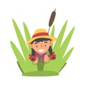Little Girl in Hat Playing Hide and Seek Concealing in Grass Vector Illustration