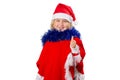 Little girl in a hat Santa Claus on white background. Royalty Free Stock Photo