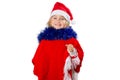 Little girl in a hat Santa Claus on white background. Royalty Free Stock Photo