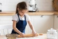 Little girl have fun baking rolling dough alone