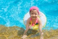 Little girl having fun in outdoors swimming pool. Royalty Free Stock Photo