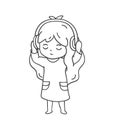 Little girl in headphones listening to music. Cute cartoon character for emoji, sticker, pin, patch, badge.