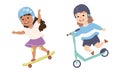 Little Girl in Helmet on Skateboard and Scooter in Skate Park Having Fun and Enjoying Recreational Activity Vector Set Royalty Free Stock Photo