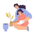 Little Girl Help Mother Planting in Pot as Children Day Activity Vector Illustration