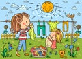 Little girl helping her mother to hang out the linen outdoors on a summer day