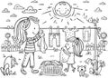 Little girl helping her mother to hang out the linen outdoors on a summer day, outline vector