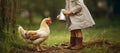 Little girl helps her parents on the home farm