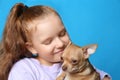 Little girl with her Chihuahua dog on light blue background, closeup. Childhood pet Royalty Free Stock Photo