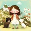 Little girl with her dogs walking in the meadow. Cartoon illustration Royalty Free Stock Photo