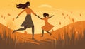 Little girl and her mother dancing in a meadow together, holding hands, motherhood, love