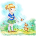 Little girl and her small puppy cartoon art Royalty Free Stock Photo