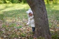 Little girl is hiding behind a tree on a background of green foliage park Royalty Free Stock Photo