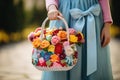 Little girl holding a basket with flowers in her hands. Close-up. Royalty Free Stock Photo