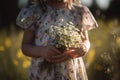 Little girl holding a bouquet of daisies in the field, Midsection of a cute little girl without face holding flowers, AI Generated Royalty Free Stock Photo