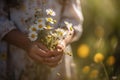 Little girl holding a bouquet of daisies in the field, Midsection of a cute little girl without face holding flowers, AI Generated Royalty Free Stock Photo