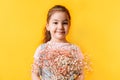 Little girl holding bouquet of dried flowers in front of yellow background