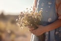 Little girl holding bouquet of wildflowers on blurred background, closeup, Midsection of a cute little girl without face holding Royalty Free Stock Photo
