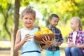 Little girl holding bowl with citrus fruit and glass of natural lemonade in park Royalty Free Stock Photo