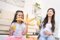 Little girl holding bunch of bananas Royalty Free Stock Photo