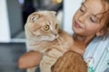 Little girl holding cat in her arms at home indoor, Child playing with domestic animals pet Royalty Free Stock Photo