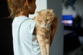 Little girl holding cat in her arms at home indoor, Child playing with domestic animals pet Royalty Free Stock Photo