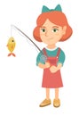 Little girl holding fishing rod with fish on hook. Royalty Free Stock Photo