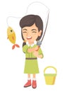 Little girl holding fishing rod with fish on hook. Royalty Free Stock Photo