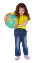 Little girl holding globe isolated on white Royalty Free Stock Photo