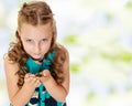 Little girl holding in hands a small turtle. Royalty Free Stock Photo