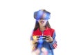 Little girl holding joystick with glasses of virtual reality Royalty Free Stock Photo