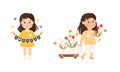 Little Girl Holding Love Earth Garland and Pulling Trolley with Flowers in Pot Caring About Nature and Planet Vector Set