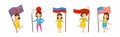 Little Girl Holding National Flags of Different Countries Waving on Pole Vector Set