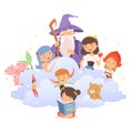 Little Girl Holding Opened Book Reading Fairy Tale with Fairy-tale Characters Sitting Behind Her Vector Illustration Royalty Free Stock Photo