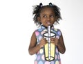 Little Girl Holding Papercraft Arts Drinks Studio Portrait