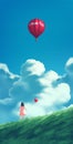 a little girl holding a red balloon and starring a big gas balloon in red floating in the sky.