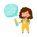 Little Girl Holding Reusable Water Bottle Vector Illustration