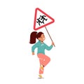 Little Girl Holding Road Sign With Running Kids Isolated On White Background. Cute Child With Caution Banner Royalty Free Stock Photo