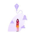 Little Girl Holding Soft Bear Toy Surrounded with Icons of Kite, Pyramid, Rocket and Kids Constructor