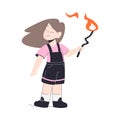 Little Girl Holding Stick Playing with Fire Vector Illustration