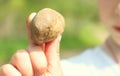 Little girl holding a stone in her hand. The stone is a close-up. The girl does not focus