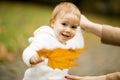 Little girl holding yellow maple leaf Royalty Free Stock Photo