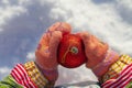 A little girl holds a Christmas red ball in her hand in a mitten in winter against the background of snow Royalty Free Stock Photo