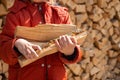 Little girl holds firewood with her hand. Pile of stacked firewood prepared for heating the house. Collecting firewood