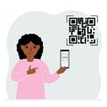 A little girl holds a mobile in his hand with the text Scan me. Next to the child QR code.