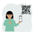 A little girl holds a mobile in his hand with the text Scan me. Next to the child QR code.