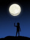 Little girl holds the moon like a balloon
