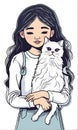 A little girl holds a Persian cat in her arms. Pencil drawing. Sketcher. Vertical image Royalty Free Stock Photo