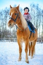 Little girl on a horse in winter, horseback riding Royalty Free Stock Photo